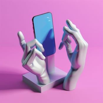 finger advertisement colourful art online screen phone modern background creative collage abstract trend fashion mobile hand white surrealism design purple artwork. Generative AI.