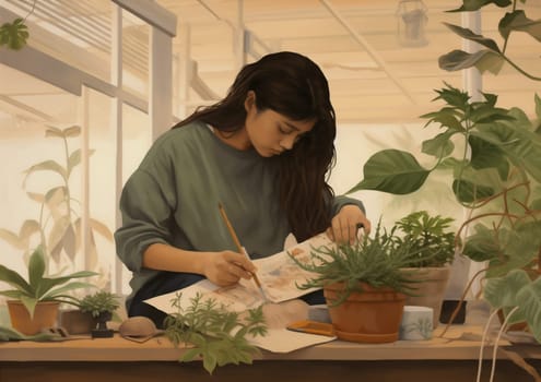 gardener woman flower work botanist job caucasian houseplant freelancer domestic growing indoor cultivation green care florist floral entrepreneur pot happy hobby. Generative AI.