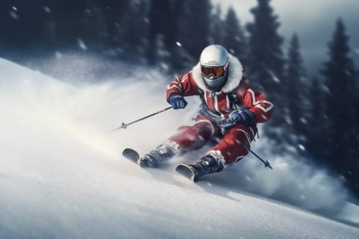 winter nature fun skier seasonal sport costume white santa christmas ai snow active alpine year mountain holiday ski beard snowboarder. Generative AI.