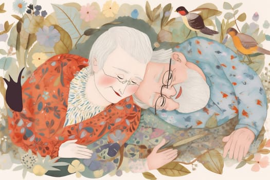 married woman man character lifestyle old female bed happy person asleep husband grandfather love concept together cartoon couple romantic flowers grandparent retired. Generative AI.