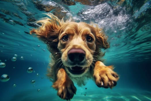 pool dog swimmer holiday labrador fun playful golden pool underwater fit adorable water funny snorkeling vacation puppy retriever jump swimming play swimming. Generative AI.