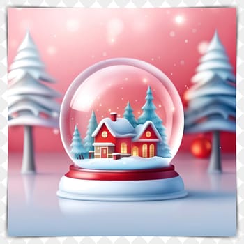 Snow globe with christmas village in snowfall. Snow globe with christmas house and pine trees. Vector illustration.