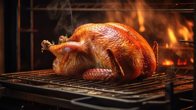 Close-up image of a beautifully roasted Thanksgiving turkey emerging from the oven, bathed in the soft glow of dusk
