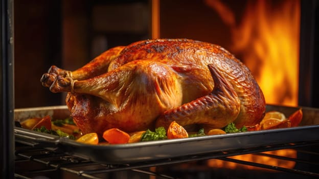 Close-up image of a beautifully roasted Thanksgiving turkey emerging from the oven, bathed in the soft glow of dusk