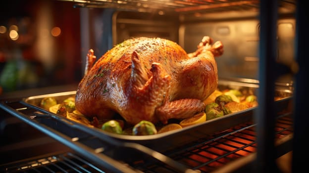 Close-up image of a beautifully roasted Thanksgiving turkey emerging from the oven, bathed in the soft glow of dusk