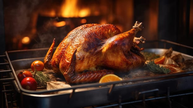 Close-up image of a beautifully roasted Thanksgiving turkey emerging from the oven, bathed in the soft glow of dusk