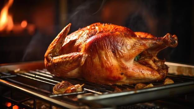 Close-up image of a beautifully roasted Thanksgiving turkey emerging from the oven, bathed in the soft glow of dusk