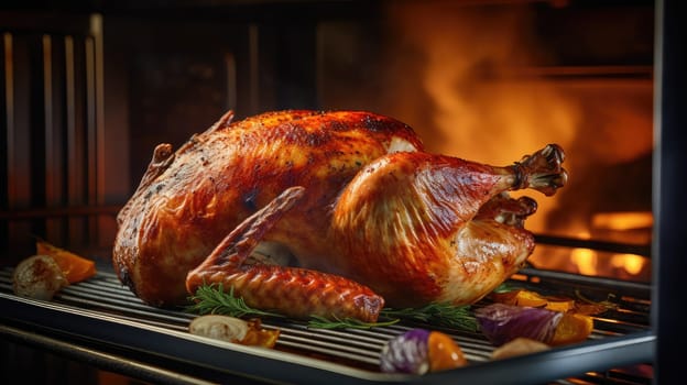 Close-up image of a beautifully roasted Thanksgiving turkey emerging from the oven, bathed in the soft glow of dusk