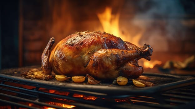 Close-up image of a beautifully roasted Thanksgiving turkey emerging from the oven, bathed in the soft glow of dusk