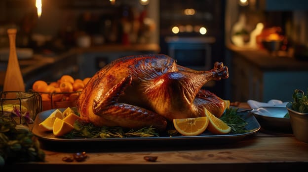 Close-up image of a beautifully roasted Thanksgiving turkey emerging from the oven, bathed in the soft glow of dusk