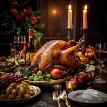 Thanksgiving meal of a deliciously roasted turkey surrounded by other food and candles