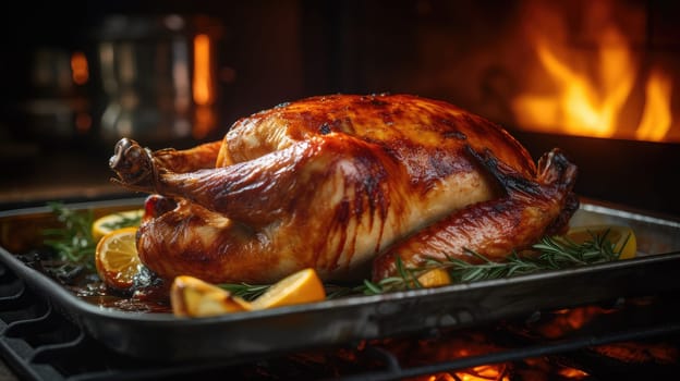 Close-up image of a beautifully roasted Thanksgiving turkey emerging from the oven, bathed in the soft glow of dusk