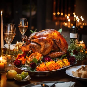 Thanksgiving meal of a deliciously roasted turkey surrounded by other food and candles