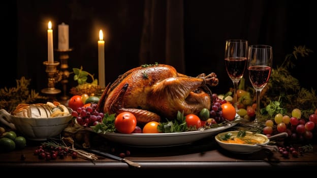 Thanksgiving meal of a deliciously roasted turkey surrounded by other food and candles