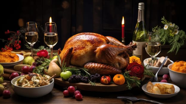 Thanksgiving meal of a deliciously roasted turkey surrounded by other food and candles
