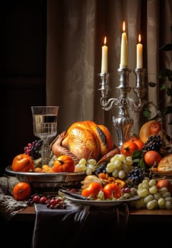 Thanksgiving meal of a deliciously roasted turkey surrounded by other food and candles