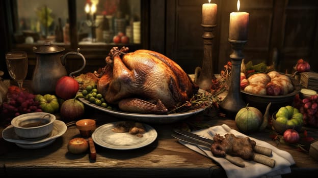 Thanksgiving meal of a deliciously roasted turkey surrounded by other food and candles