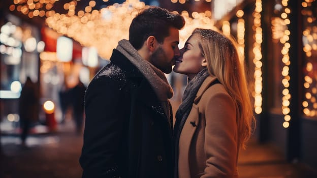 A young couple in love, a man and a woman, hug and kiss in the evening on a crowded city street, glowing bokeh lights. Valentine's day, newlyweds, engagement, holiday, birthday, wedding, anniversary, surprise, date.