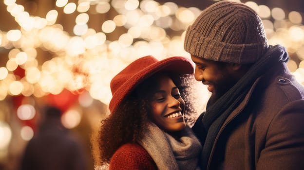A young couple in love, an African black man and a woman in a coat and hats, hug and kiss in the evening on a crowded city street, glowing bokeh lights. Valentine's day, newlyweds, engagement, holiday, birthday, wedding, anniversary, surprise, date.
