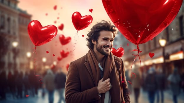Chic, happy, smiling, handsome, luxury, sexy man walks through the streets of a European city with large red heart-shaped balloons. Valentine's day, newlyweds, engagement, holiday, birthday, wedding, anniversary, surprise, date.