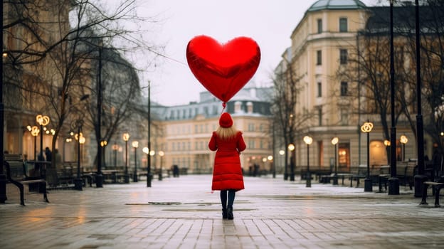 A chic, happy, smiling, beautiful, sweet, sexy girl walks through the streets of a European city with large red heart-shaped balloons. Valentine's day, newlyweds, engagement, holiday, birthday, wedding, anniversary, surprise, date.