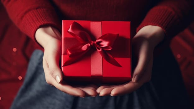 Red box in the shape of a heart in the hands of a woman. Valentine's day, newlyweds, engagement, holiday, birthday, wedding, anniversary, surprise, date.