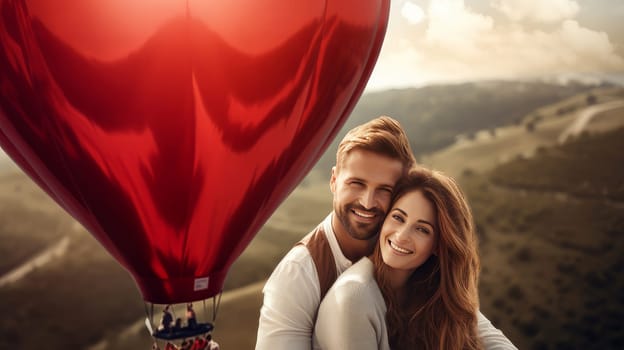 A couple in love is flying on a large, red, heart-shaped balloon high in the clouds above the mountains, at sunset. Emotions, balloonists, extreme sports. Valentine's day, newlyweds, engagement, holiday, birthday, wedding, anniversary, surprise, date