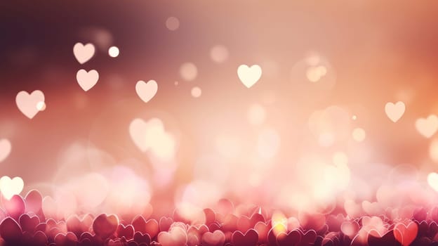 Beautiful pink background with hearts and bokeh light. Valentine's day, newlyweds, engagement, holiday, birthday, wedding, anniversary, surprise date
