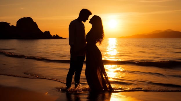 Silhouette of a young couple in love on the background of sunset. Valentine's day, newlyweds, engagement, holiday, birthday, wedding, anniversary, surprise, date.