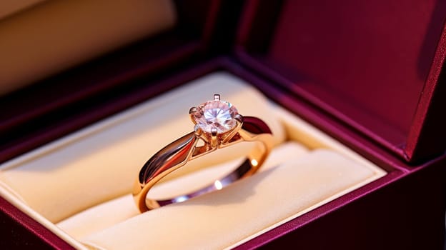 Jewelry, gold, chic diamond ring in a gift box for Valentine's Day, engagement, birthday, holiday, bought in a store