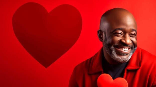 Happy, elegant, laughing, carefree man African American black guy with heart on red background for Valentine's day, banner, advertisement. Valentine's day, newlyweds, engagement, holiday, birthday, wedding, anniversary, surprise, date.