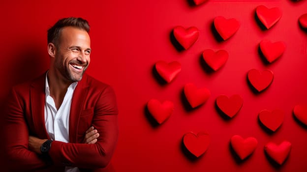 Happy, elegant, laughing, carefree Caucasian man, guy with heart on red background for Valentine's day, banner, advertisement. Valentine's day, newlyweds, engagement, holiday, birthday, wedding, anniversary surprise date