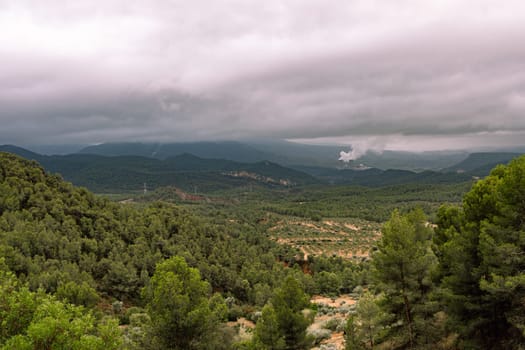 beautiful landscape, view from the mountain to the city, background with a place for an inscription. High quality photo