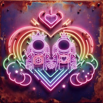 steampunk bee king and queen in love neon sign valentines illustration concept rusty background generative ai art