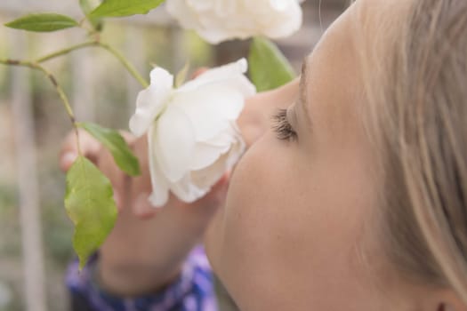 A teenager of European appearance with blond hair stands sniffing white flowers on a tree.Flowers in focus. High quality photo close-up