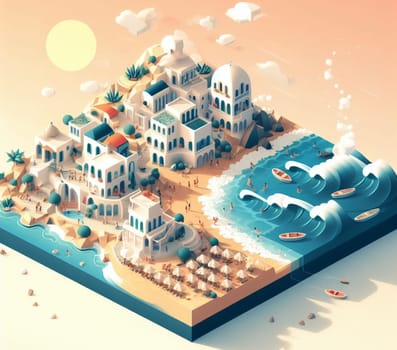 isometric 3d render of a touristic happy colored crowded village at the sea in summertime ai generative art