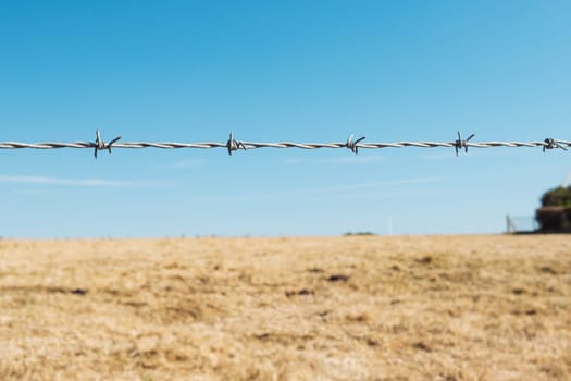 barbed wire against the blue sky and dry grass, a beautiful landscape has a place for an inscription. High quality photo