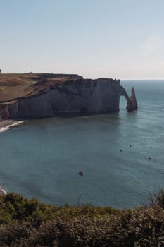 beach in France in the city of Etretat Normandy,top view from the mountain a beautiful background of sea nature. High quality photo