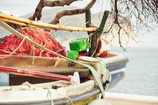 colorful tropical boat on the seashore in the sand side view. High quality photo