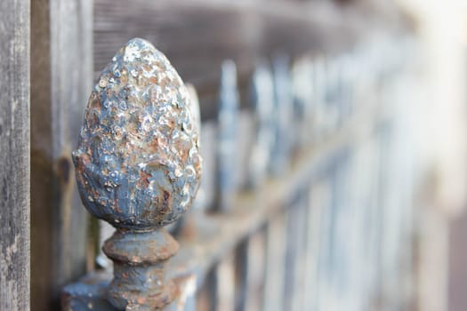 antique fence made of metal bars for the street close-up, side view background blurred. High quality photo