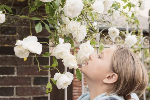 A teenager of European appearance with blond hair stands sniffing white flowers on a tree.Flowers in focus. High quality photo