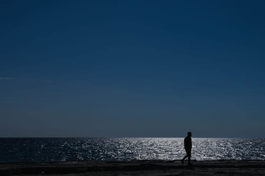 background for the phone with the sea. evening time against the background of the sea and the sky a man walks there is a place for an inscription. High quality photo