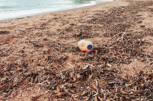 garbage on the seashore, plastic bottles and a lot of algae on the sand. Pollution of the environment and water bodies. High quality photo