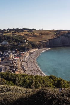 beach in France in the city of Etretat Normandy, a beautiful background of sea nature. High quality photo top view from the mountain