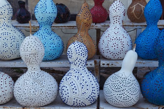 Handmade water gourd lamps calabash on the coast of the city of Alanya in Turkey at the market. This lighting is used in the region for decoration. High quality photo