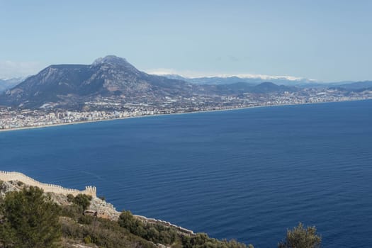 beautiful landscape, view from the mountain to the sea and the mountain, background with a place for an inscription. High quality photo