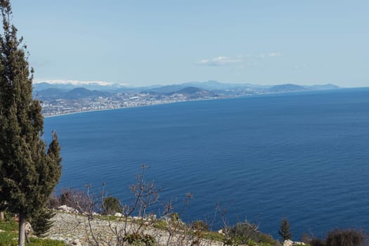 beautiful landscape, view from the mountain to the sea and the mountain, background with a place for an inscription. High quality photo