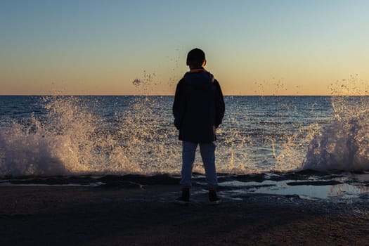 the child is standing on the seashore, photo from the back, the waves are raging at sunset, the background. High quality photo