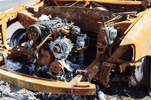 burnt engine in the car close-up. fire insurance concept. High quality photo