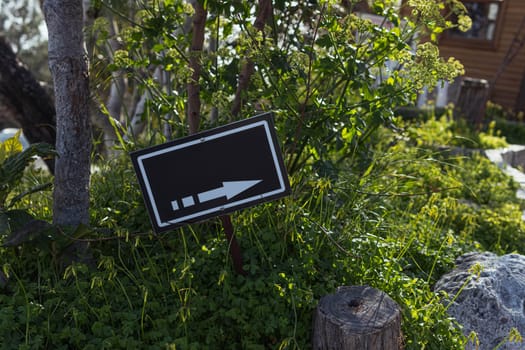 Direction on the beach signboard with a place for an inscription.hanging on a pole, sea, beach, green trees.Sunny summer day.Close-up view.directional arrow there is a place for an inscription.